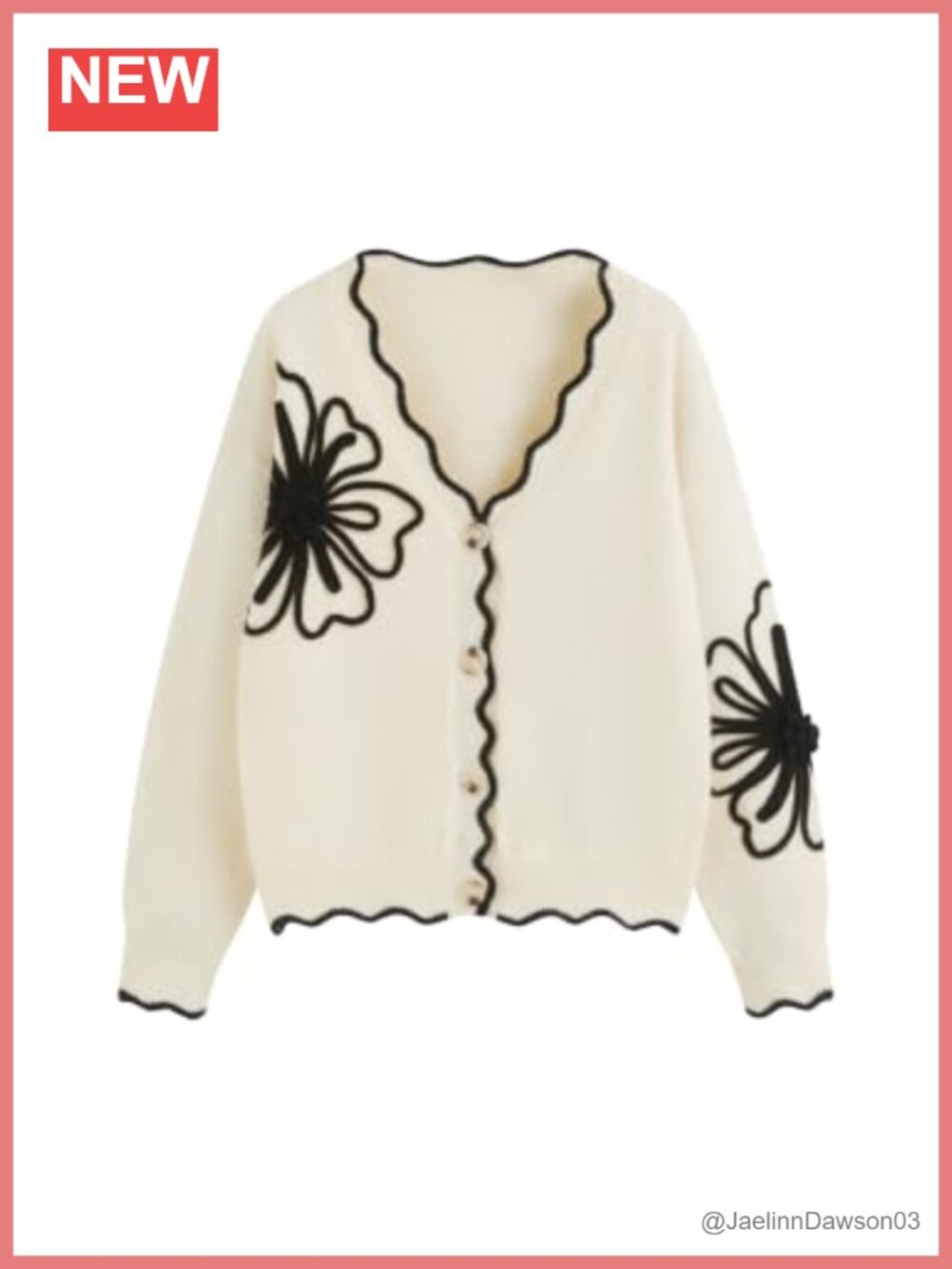 Floral Applique Cardigan V Neck Button Down Scallop Trim Sweater
